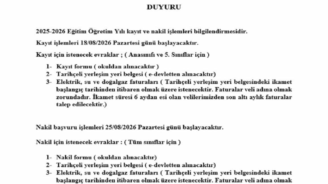 ÖNEMLİ DUYURU
